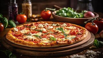 fermer photo de italien Pizza garnitures avec tomates et basilic sur foncé en bois table Haut. génératif ai.