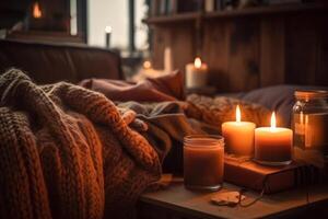 romantique ambiance dans le chambre par bougie doux lumière génératif ai photo