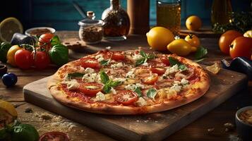 fermer grec méditerranéen Pizza avec tomates et basilic sur rustique en bois tableau. génératif ai. photo