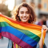 fille avec arc en ciel drapeau. fierté mois concept. illustration ai génératif photo