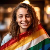 fille avec arc en ciel drapeau. fierté mois concept. illustration ai génératif photo