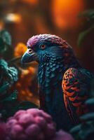 exotique tropical perroquet oiseau avec ses le bec dans nature, à la recherche de à le côté . ses plumes sont une brillant et coloré. fabriqué avec génératif ai photo