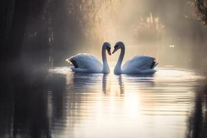 deux cygnes nager gracieusement sur le surface. photo