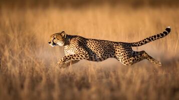 guépard est ensemble contre une flou Contexte cette transmet une sens de la vitesse et mouvement. le champ derrière le guépard est une brouiller de légumes verts et marrons. fabriqué avec génératif ai photo