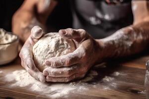 Masculin chef pétrissage pâte avec mains génératif ai photo
