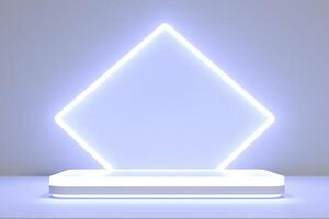 réaliste podium afficher avec néon blanc lumières, produit afficher Contexte avec lumière cadre, blanc prodium produit afficher avec lumière effet, néon lumières arrière-plan, produire ai photo