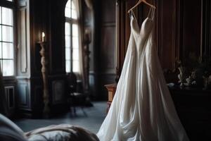 mariage blanc robe sur une cintre pour le la mariée génératif ai photo