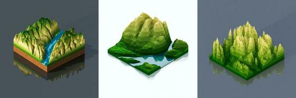 3d illustration voxels, rochers, montagnes et collines. Montagne culminer. paysage terrain carte des modèles. photo