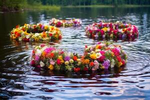 fleur couronnes de fleurs sur le l'eau vacances génératif ai photo