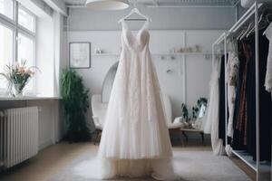 mariage jour, blanc robe sur une cintre pour le la mariée génératif ai photo