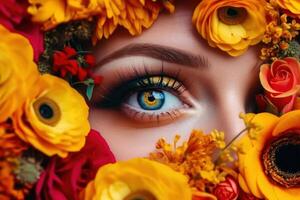 femelle œil avec carnaval maquillage dans fleurs, la féminité beauté peau se soucier génératif ai photo