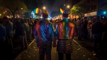 Hommes couple à nuit de fierté parade. concept de lgbt fierté. ai généré photo