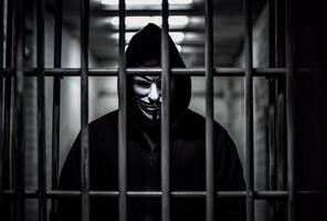 anonyme pirate derrière barres. arrêté dans prison. peine dû à cybercriminalité. ai généré photo