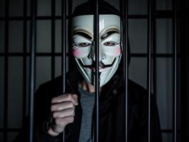 anonyme pirate derrière barres. arrêté dans prison. peine dû à cybercriminalité. ai généré photo