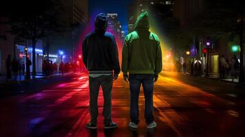 Hommes couple à nuit de fierté parade. concept de lgbt fierté. ai généré photo