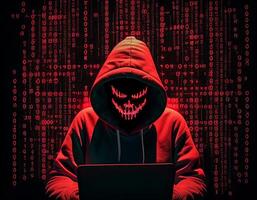 anonyme modernisé pirate. concept de rouge chapeau, le piratage la cyber-sécurité, la cybercriminalité, cyber-attaque, etc. ai généré image photo