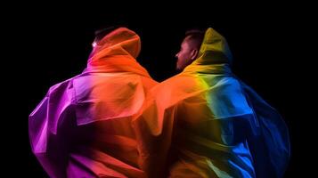 Hommes couple avec arc en ciel coloré imperméable. ai généré photo