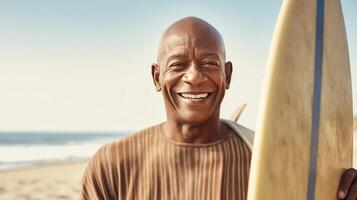 souriant homme avec le surf planche. illustration ai génératif photo