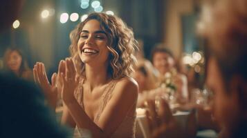 femme applaudir mains sur dîner. illustration ai génératif photo