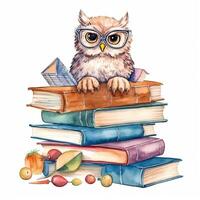 aquarelle hibou avec livres isolé. illustration ai génératif photo