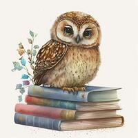 aquarelle hibou avec livres isolé. illustration ai génératif photo