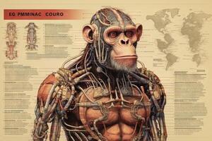 chimpanzé singe singe cyborg animal détaillé infographie, plein détails anatomie affiche diagramme illustration génératif ai photo