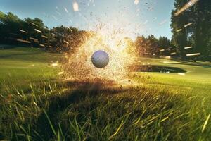 détail de le golf Balle frappé par le club, Balle point de voir, explosions de herbe et énergie dans le balançoire illustration génératif ai photo