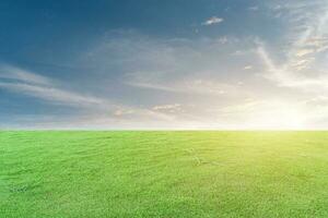 vert herbe champ et bleu ciel avec blanc des nuages. magnifique Naturel Prairie paysage photo