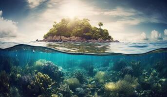 tropical île et corail récif - Divisé vue avec ligne de flottaison. magnifique sous-marin vue de seul petit île au dessus et au dessous de le l'eau surface dans turquoise des eaux de tropical océan. génératif ai. photo