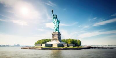 le statue de liberté gratuit de touristes et Nouveau york ville centre ville. génératif ai. photo