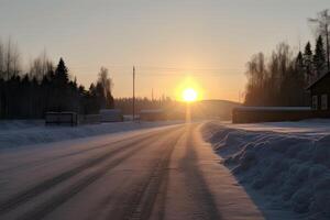 neigeux et congelé Montagne route dans hiver paysage. génératif ai. photo