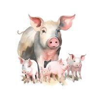 génératif ai contenu, aquarelle porc avec peu porcelets isolé sur blanc Contexte. main tiré illustration de une cochon. photo