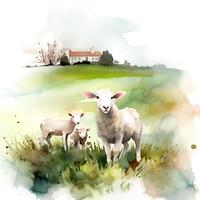 génératif ai contenu, mouton avec une agneau sur le Contexte de une ferme sur une été jour, aquarelle illustration photo