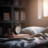 génératif ai contenu, Matin arrière-plan, rétro alarme l'horloge près le lit à maison. le alarme l'horloge est sur le livres. doux lumière. photo