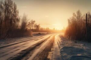 neigeux et congelé Montagne route dans hiver paysage. génératif ai. photo