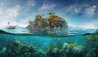 tropical île et corail récif - Divisé vue avec ligne de flottaison. magnifique sous-marin vue de seul petit île au dessus et au dessous de le l'eau surface dans turquoise des eaux de tropical océan. génératif ai. photo