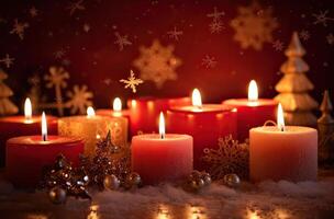 brûlant bougie et Noël décoration plus de neige et en bois Contexte. génératif ai. photo