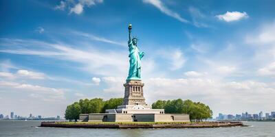 le statue de liberté gratuit de touristes et Nouveau york ville centre ville. génératif ai. photo