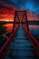 en bois planche passerelle de premier plan à une magnifique le coucher du soleil sur le lac. génératif ai. photo