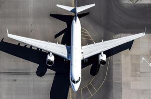 une Haut aérien vue de un aéroport Terminal et piste avec garé commercial avions étant chargé avec Provisions et passagers. affaires et Voyage. génératif ai. photo