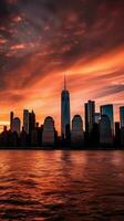 Nouveau york ville, inférieur Manhattan dans de face de l'eau pendant le coucher du soleil ou lever du soleil. génératif ai technologie. photo