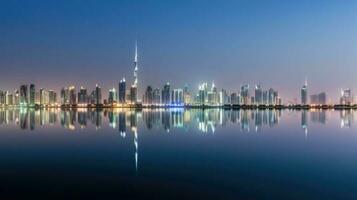 panorama vue de Dubai horizon reflétant dans le l'eau pendant nuit temps. incroyable touristique destination, génératif ai technologie. photo