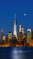 panoramique vue de inférieur Manhattan horizon illuminé à nuit dans Nouveau york ville. génératif ai technologie. photo