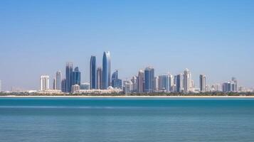 panoramique vue de abu dhabi Émirats arabes unis horizon et mer plage dans été journée. incroyable touristique destination, génératif ai technologie. photo