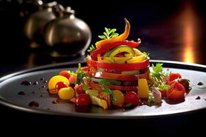 tranches de des fruits et des légumes arrangé dans pile avec sirop comme une dessert la gastronomie sur plaque. nourriture la photographie, génératif ai technologie. photo