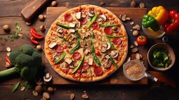 délicieux végétarien suprême Pizza avec pepperoni sur en bois table Haut pour italien nourriture prêt à manger concept, nourriture la photographie. modèle ou bannière pour restaurant. génératif ai. photo