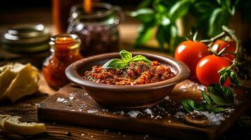 italien nourriture image de typiquement bolognaise sauce bol avec Ingrédients sur une rustique en bois tableau. génératif ai. photo