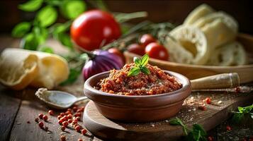 italien nourriture image de typiquement bolognaise sauce bol avec Ingrédients sur une rustique en bois tableau. génératif ai. photo