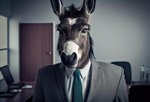 portrait de un anthropomorphe âne dans une costume de une homme d'affaire comme Bureau ouvrier dans le moderne bureau. produire ai. photo