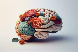 Humain cerveau avec fleurs, soi se soucier et mental santé concept, positif attitude , Créatif esprit. produire ai photo